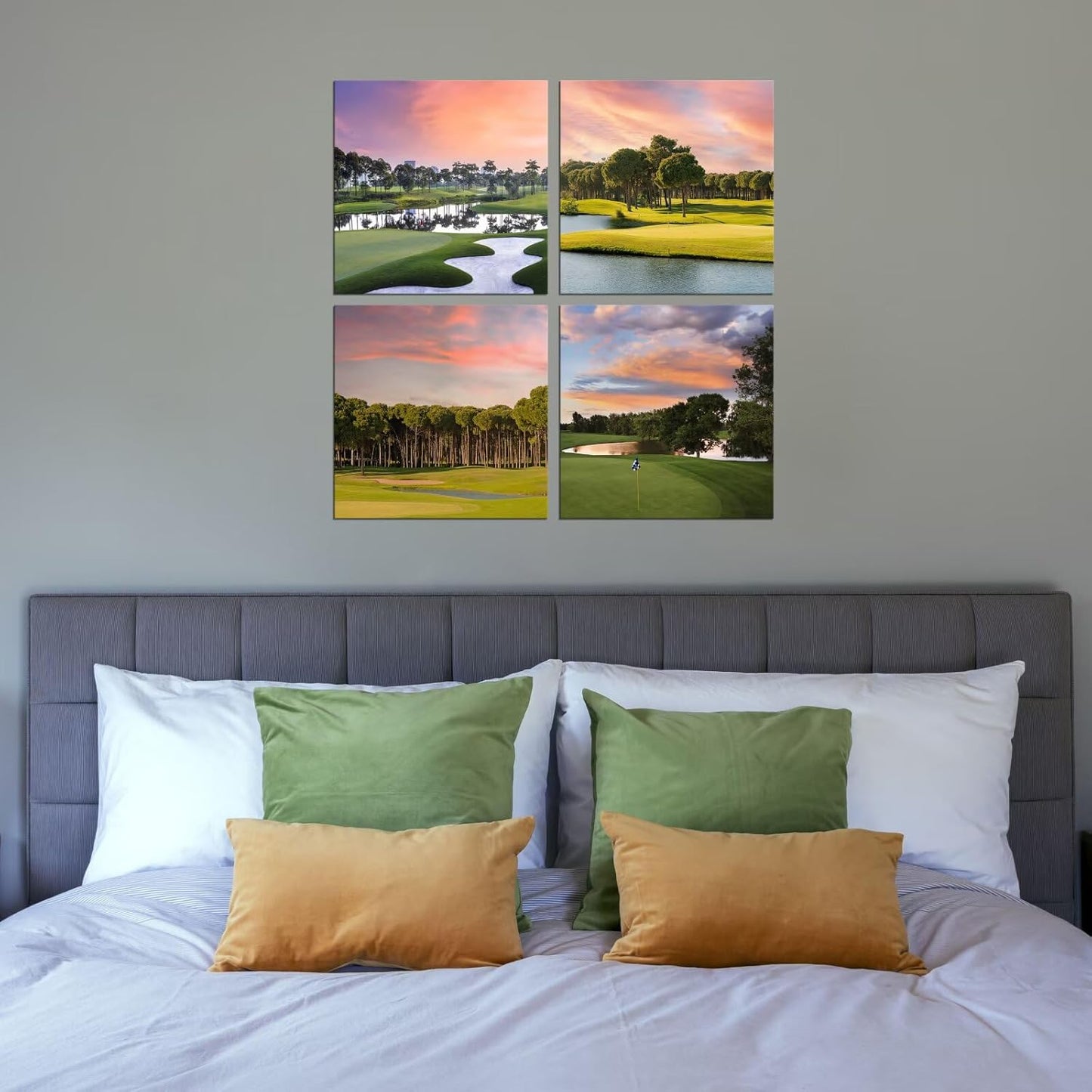 Pankila Golf Course Wall Art for Golf Gym Club Canvas Wall Decor Yellow Green Sunset Landscape Abstract Wall Painting Decor Living Room Bedroom Bathroom Frame Artwork (16''W x 16''H x 4)