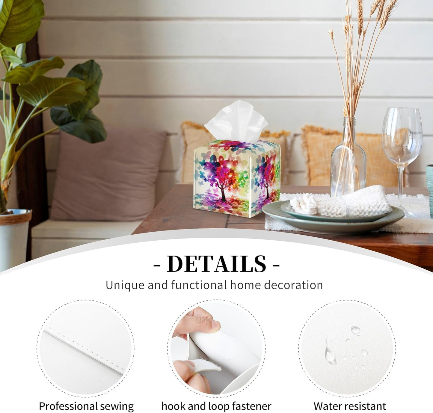 Colorful Tree Tissue Box Cover Leather Tissue Box Holder Square Facial Paper Organizer Dispenser for Bathroom Kitchen Bedroom Vanity Countertop Night Stands