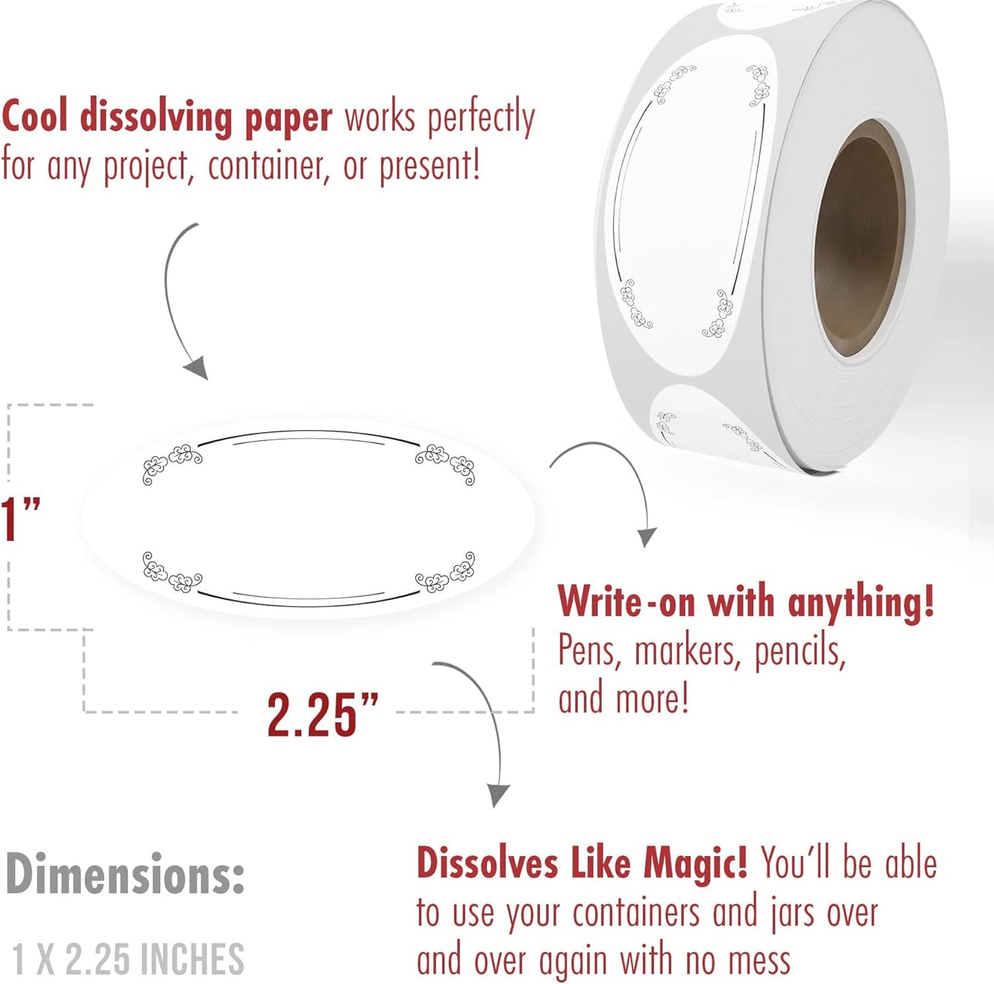 MESS Dissolvable Canning Labels - 1x2.25 in, 150/Roll - Removable Mason Jar Labels - Jam, Preserves (Leaves)