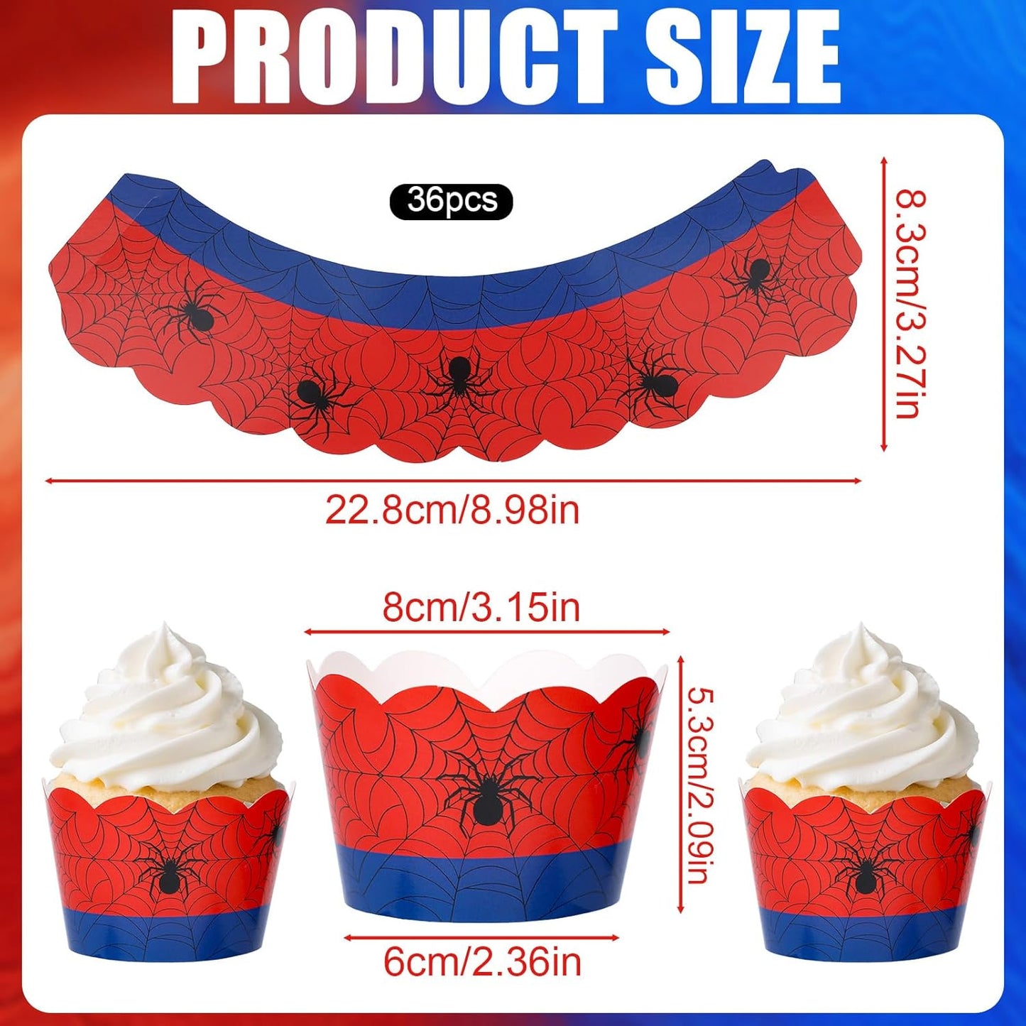 36pcs Spider Cupcake Wrappers, Spider Web Theme Cupcake Liners Paper Cups for Baking Muffin Cakes Ice Cream Dessert Decor Birthday Wedding Supplies (Red, Blue)