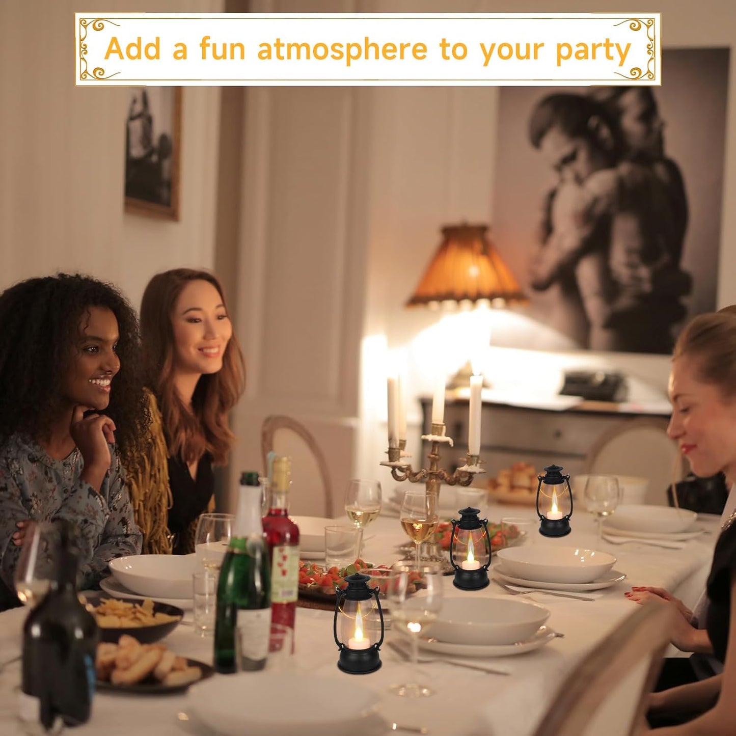 12Pcs Mini Lantern for Cowboy Halloween Christmas Wedding, Black 6" Candle Lantern with Flickering LED for Camping Western Party Decorations, Table Centerpiece, Hanging Lamp Ornaments Bulk