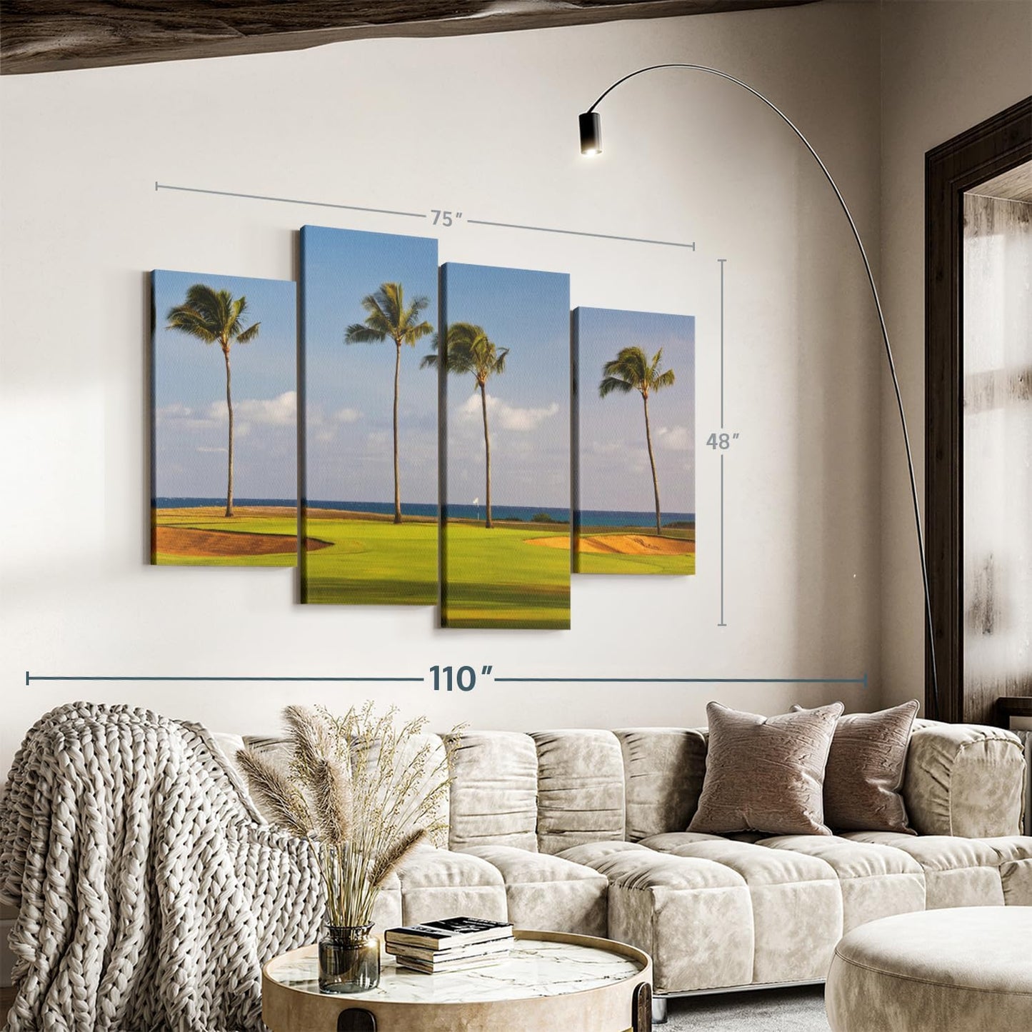 Elephant Stock Hawaiian Golf Course Wall Art - Horizontal Canvas - 4-Piece Living Room Wall Decor - Photography Sports Canvas Print - Green and Yellow Decor for Wall - 75" X 48"
