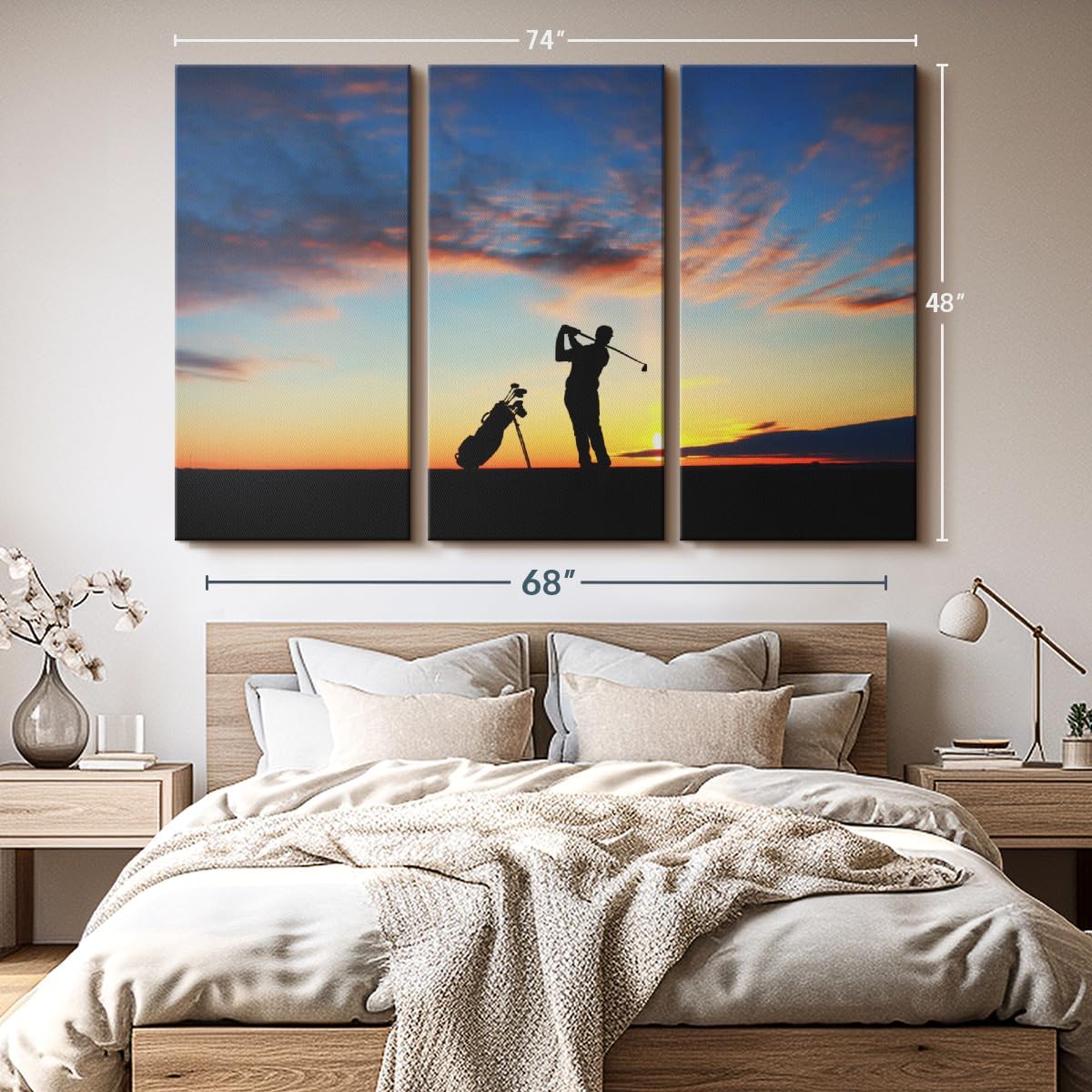 ElephantStock Golfing At Sunset Wall Art - Horizontal Canvas - 3-Piece Living Room Wall Decor - Golf Photography Canvas Print - Black and Orange Decor for Wall - 74" X 48"