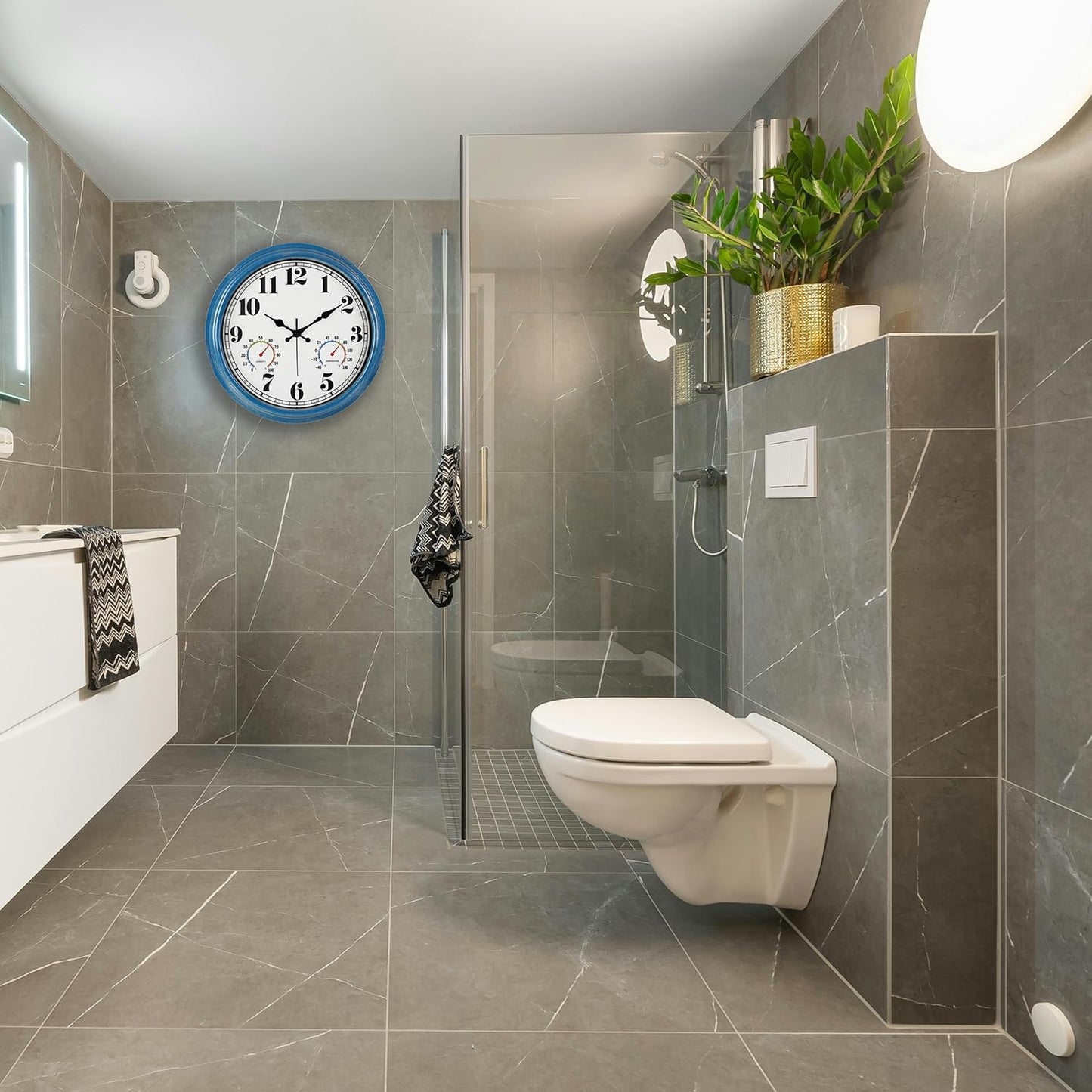 JENLYSTIME 16 Inch Blue Vintage Waterproof Indoor/Outdoor Wall Clock with Thermometer & Hygrometer, Large Numerals & Silent Sweep Movement - Ideal for Porch, Garden, Pool, Bathroom