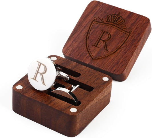 Mens Initial Silver Cufflinks A-Z Alphabet Letter Steel Cuff Links with Engraved Walnut Wood Box Groom Groomsman Wedding Set…
