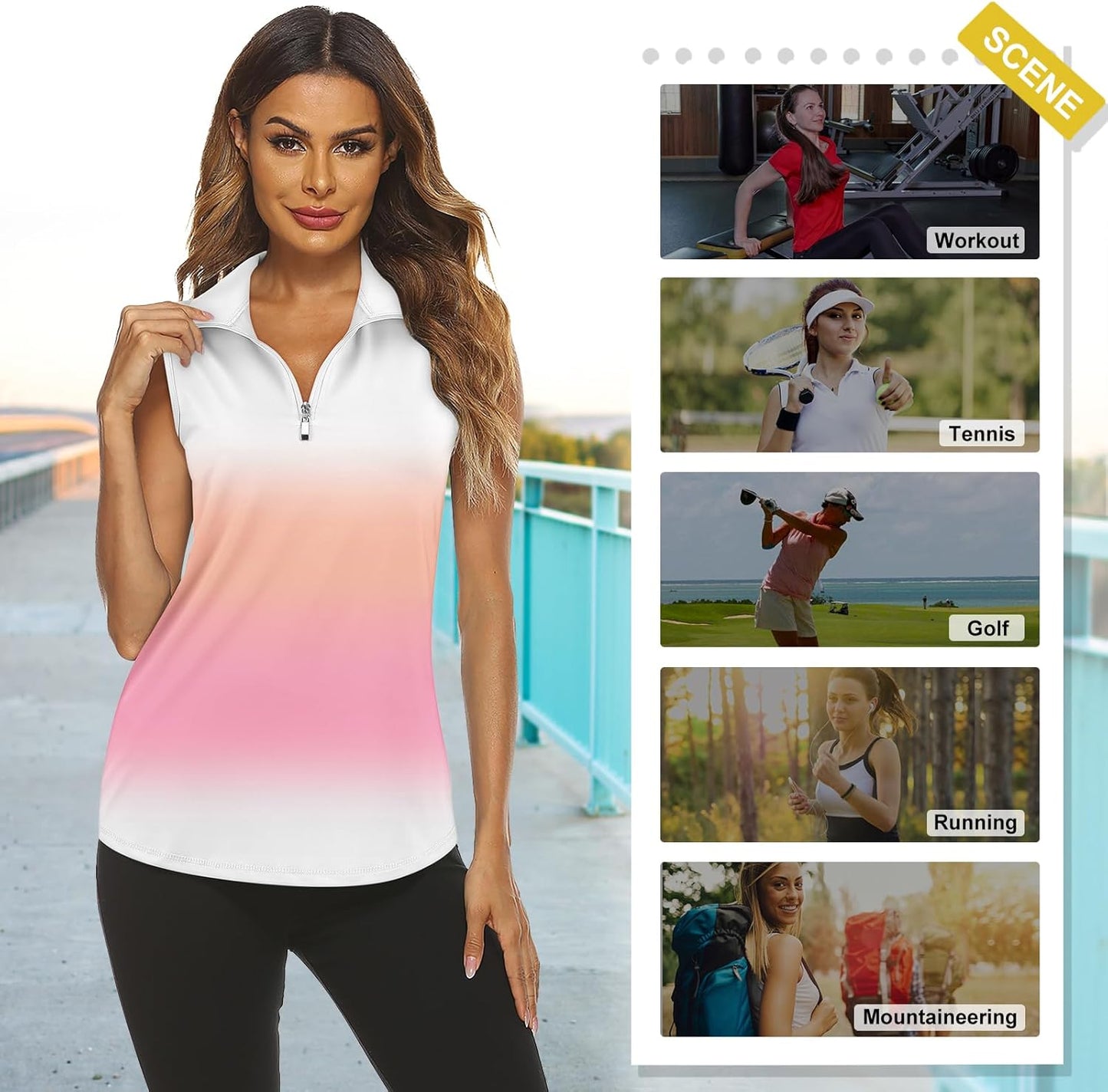 Koscacy Women's Sleeveless Golf Tennis Polo Shirts Zip Up Dry Fit Workout Tank Tops Athletic Shirt