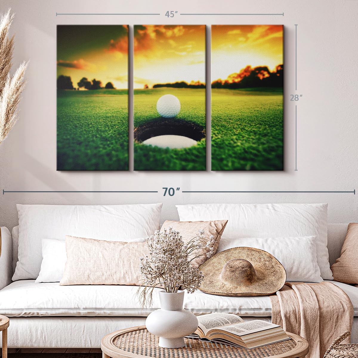 ElephantStock Golf Ball Wall Art - Horizontal Canvas - 3-Piece Living Room Wall Decor - Photography Sports Canvas Print - Orange and Yellow Decor for Wall - 45" X 28"