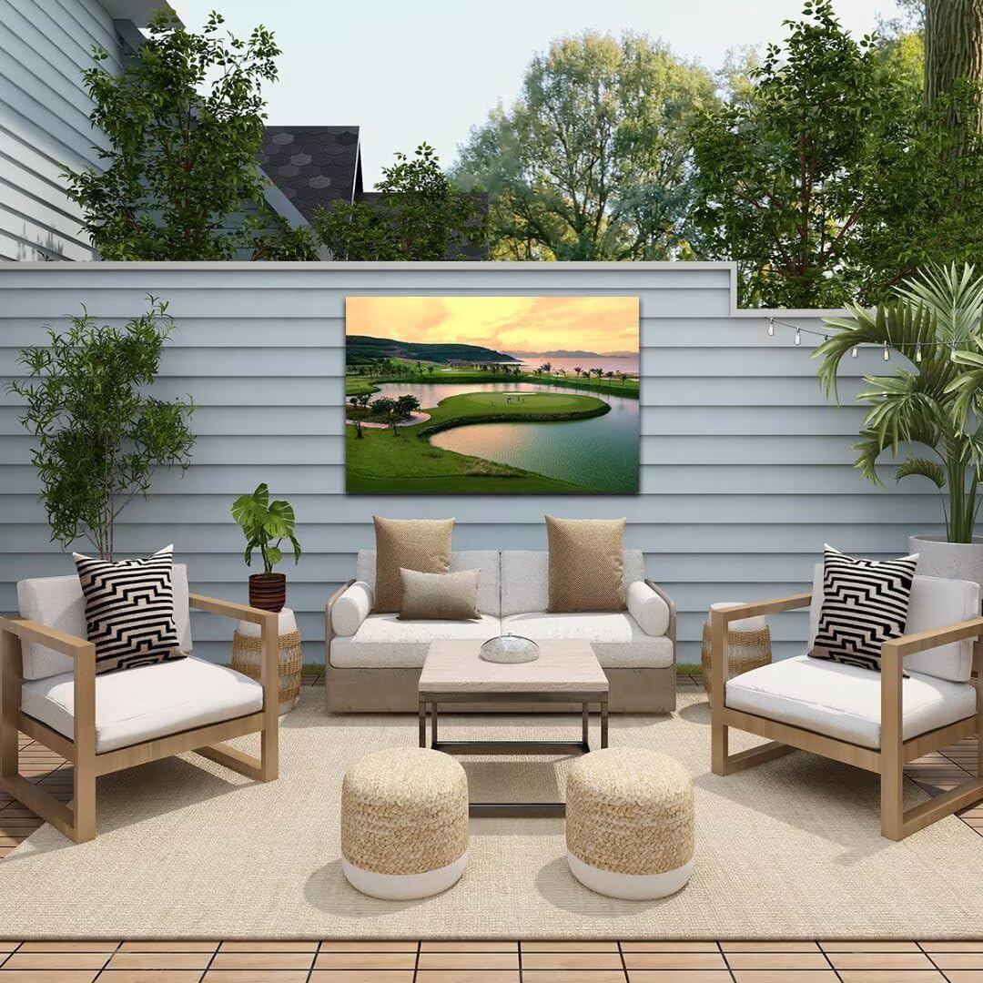 HJY Art USA Golf Course Wall Art for Gym Pebble Beach Golf Course Wall Decor Yellow Green Abstract Painting Poster for Home Decor Living Room Bedroom Bathroom Office Artwork (18 x 24 inch)