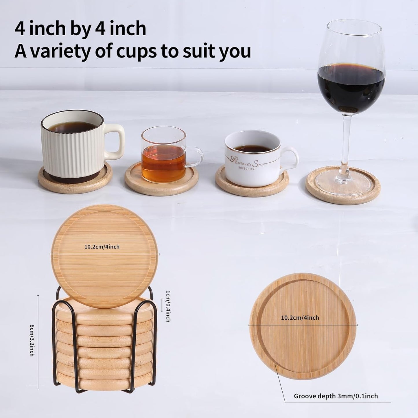 Bamboo 4 inch coaster [4 pcs] Coasters with Holder - Drinking Coasters - Cup Mat for Drinks - Live for Hot or Cold Drink - Non-slip and non-stick,Suitable for Kinds Cups and Living Room Decor