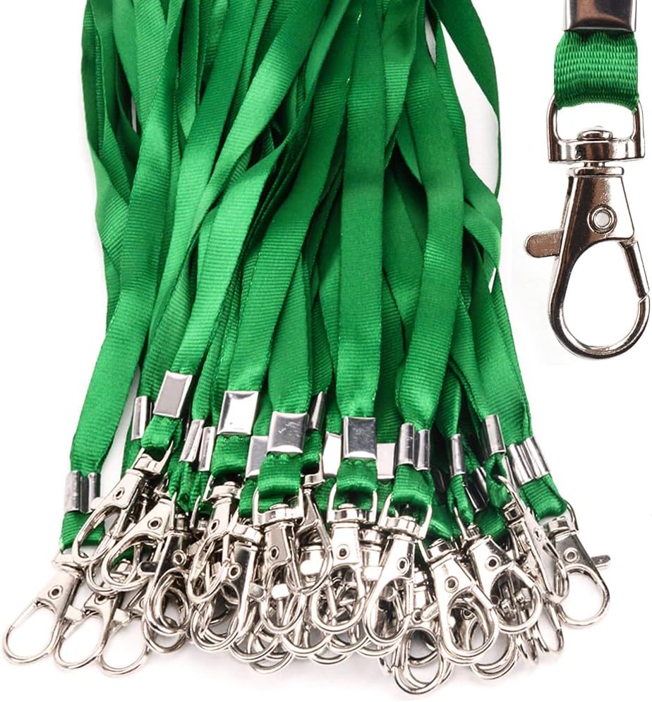 Lanyards 50 Pcs Bulk Lanyard for Id Badges Flat Green Lanyard with Badge Clip Swivel Hook (50, Green)