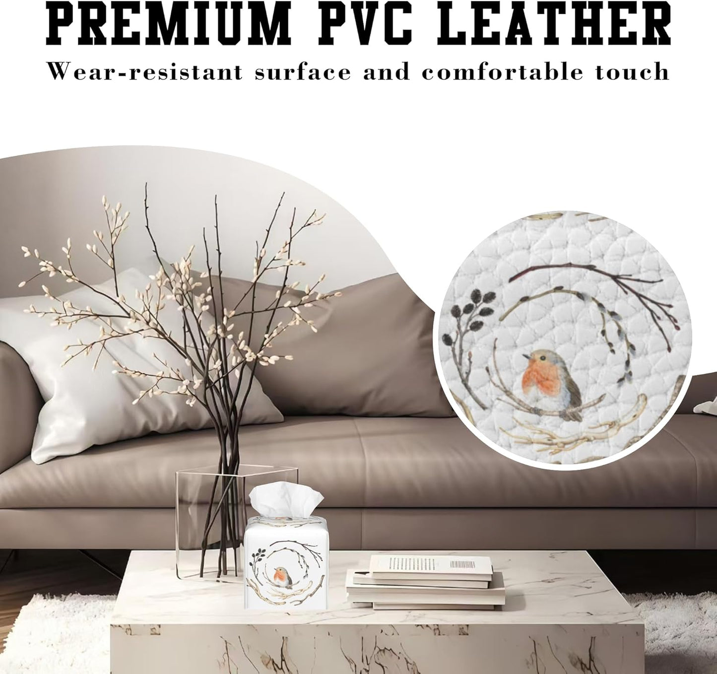 Watercolor Bird on Branches Tissue Box Cover Square, Tissue Box Holder Leather Facial Paper Case Decorative Organizer Holder Dispenser Home Office Car Decor