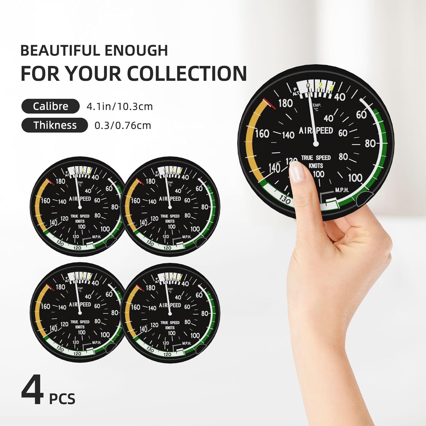 Airplane Aircraft Speedometer Pilot Flight Coasters for Drinks Set of 4, Absorbent Ceramic Drink Coasters for Coffee Table Wooden Table Cup Bar, 4 Inches