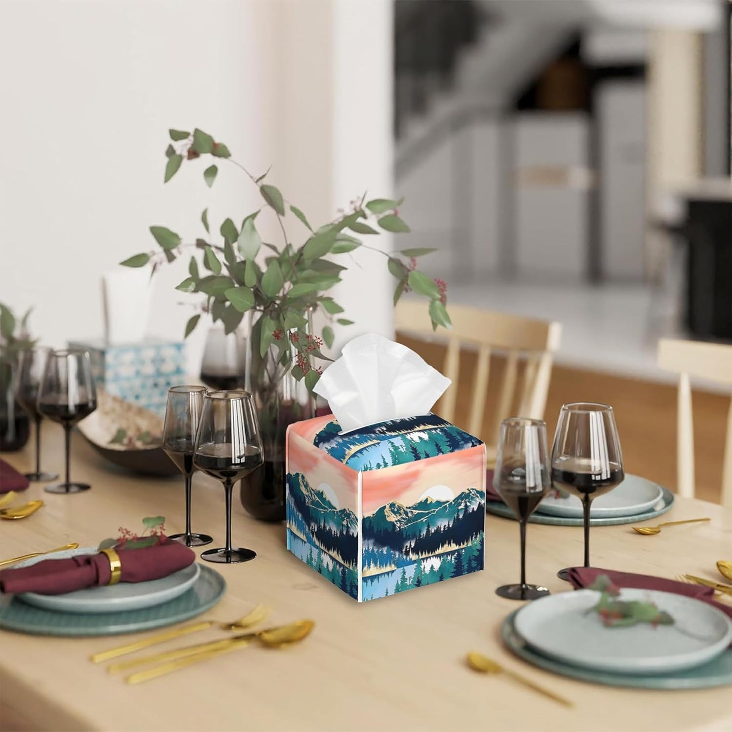 Tissue Box Cover Square,Abstract Mountains and Trees Tissue Box Holder Waterproof Leather Facial Paper Case Modern Home Decoration for Bedroom Dresser Night Stand Office Desk