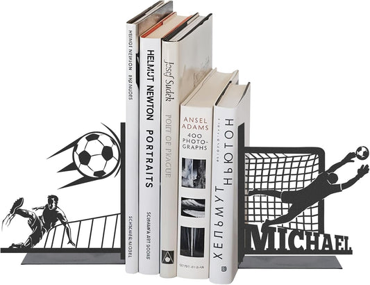 Personalized Metal Book Ends for Shelves 2 Pcs, Custom Soccer Theme Decorative Bookends with Name, Non-Slip Book Stopper, Desk Book Organizer, Black Book Holders for Home Office, Gifts for Men