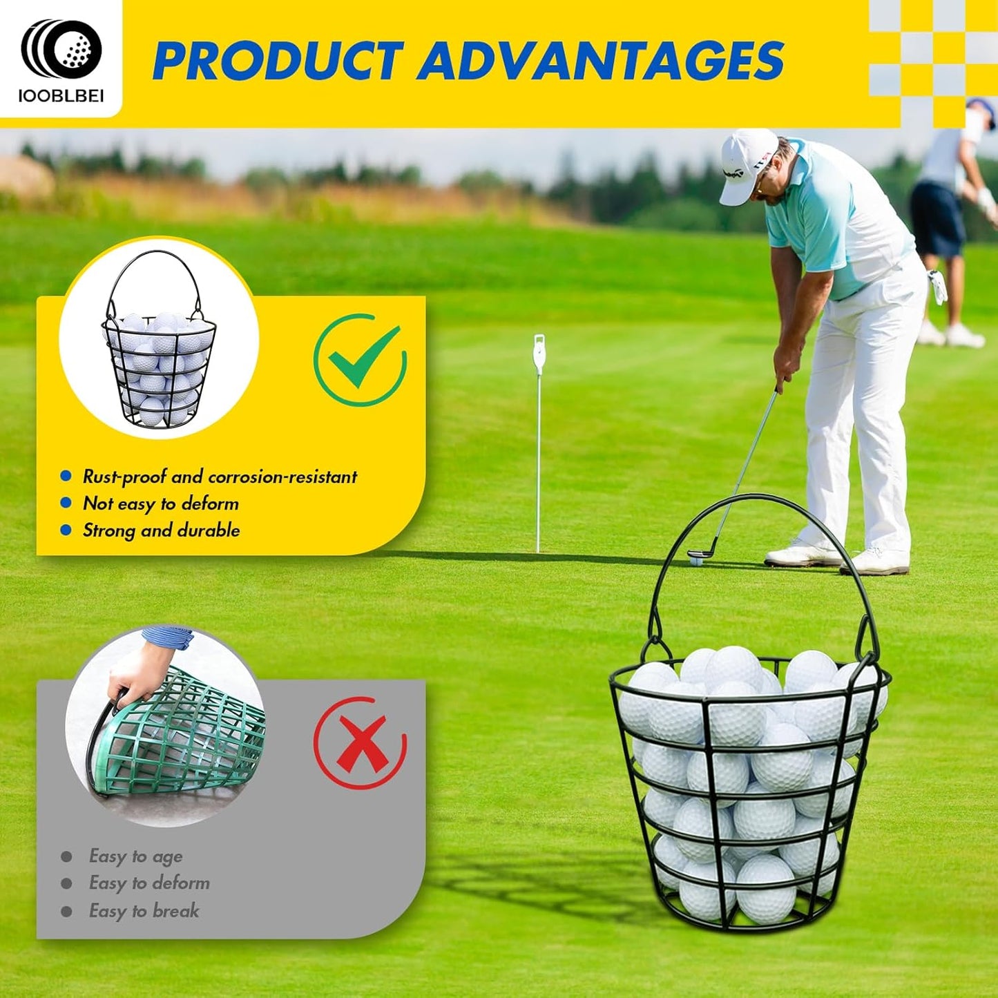 Stainless Metal Golf Ball Basket, Golf Ball Bucket with Handle, Holds 50 Balls, 2 Pack Golf Ball Container