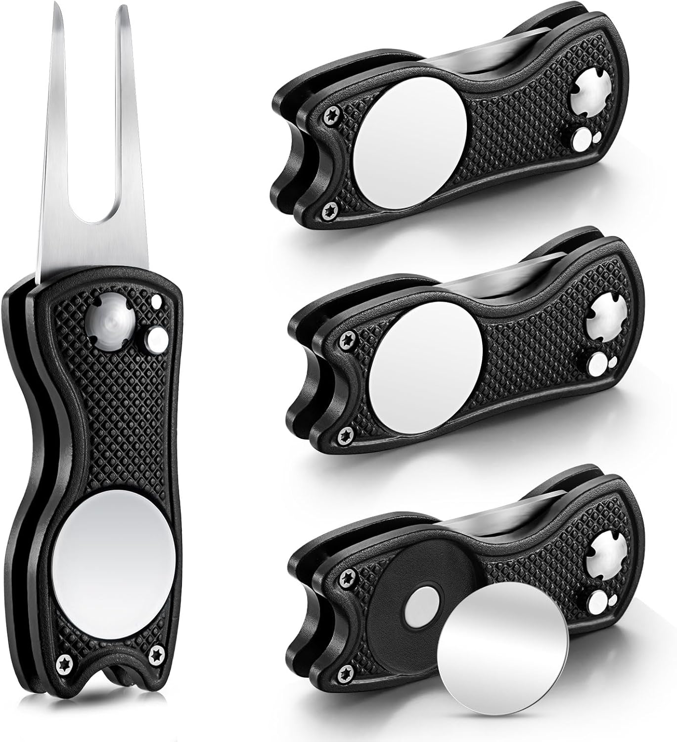 Skylety 4 Pcs Golf Divot Repair Tool Metal Foldable Golf Divot Tool with Magnetic Pop-up Button Ball Marker Stainless Steel Switchblade for Golfers Prizes