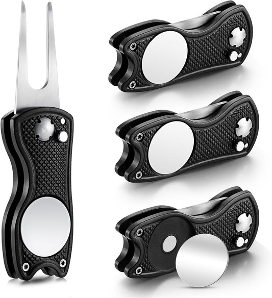 Skylety 4 Pcs Golf Divot Repair Tool Metal Foldable Golf Divot Tool with Magnetic Pop-up Button Ball Marker Stainless Steel Switchblade for Golfers Prizes