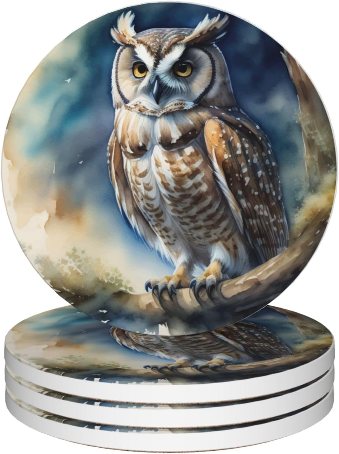 Drinks Coasters Set of 4, Owl Round 4" Cup Coasters, Absorbent Ceramic Stone Coasters with Cork Base, Cute Coasters for Table Home Décor, Ideal Gifts for Women Men