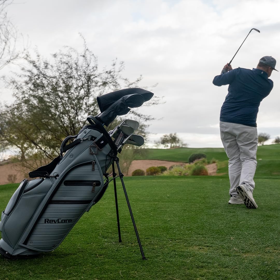 RevCore LT Lightweight Golf Stand Bag by CaddyDaddy – Premium Synthetic Leather Carry Golf Bag for Men & Women with 5-Way Divider, Cooler Pocket, Dual Strap – Golf Bag with Stand