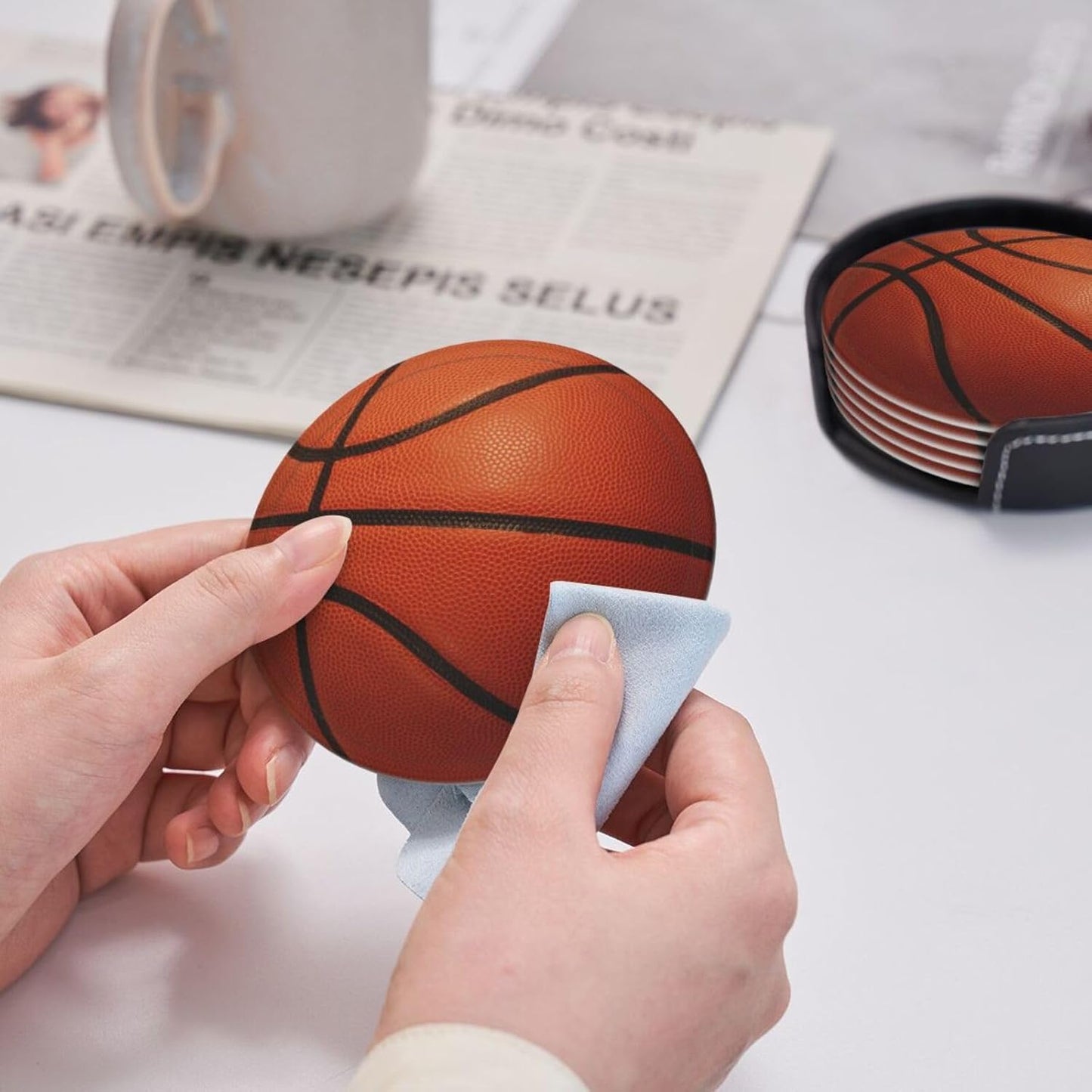 6 Pcs Basketball Drink Coasters with Holder Coasters for Drinks Coffee Table Home Decor Housewarming Gift