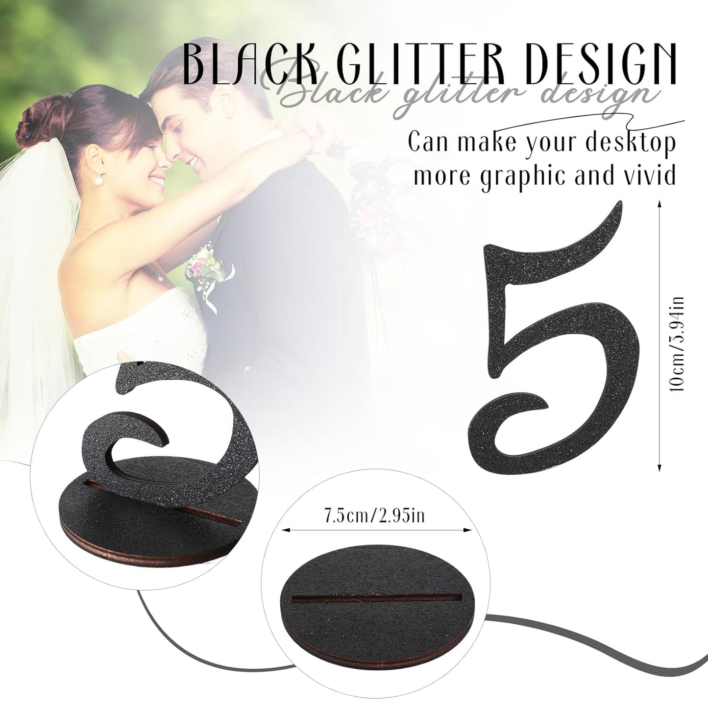 Glitter Table Numbers 1-25 Wooden Table Numbers for Wedding Reception Standing Seat Place Cards with Holder Base for Wedding Party Event Catering Receptions Banquets(Black)