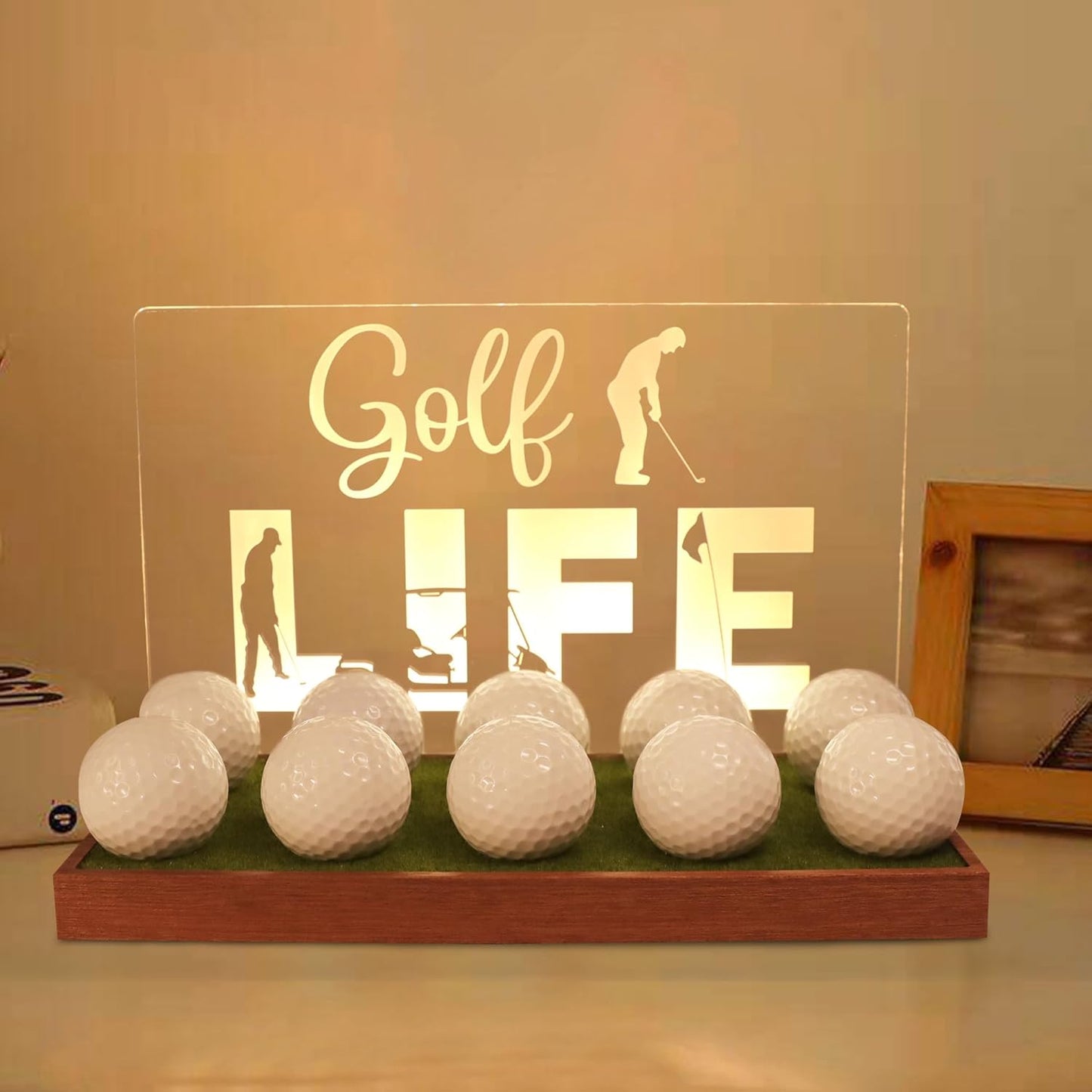 Golf Ball Display Case, CoolGift Mart Light Up Golf Ball Holder for Display and Storage, Wooden Acrylic Accessories with Warm White Color Lights , Room Decor, Gift for Golfers