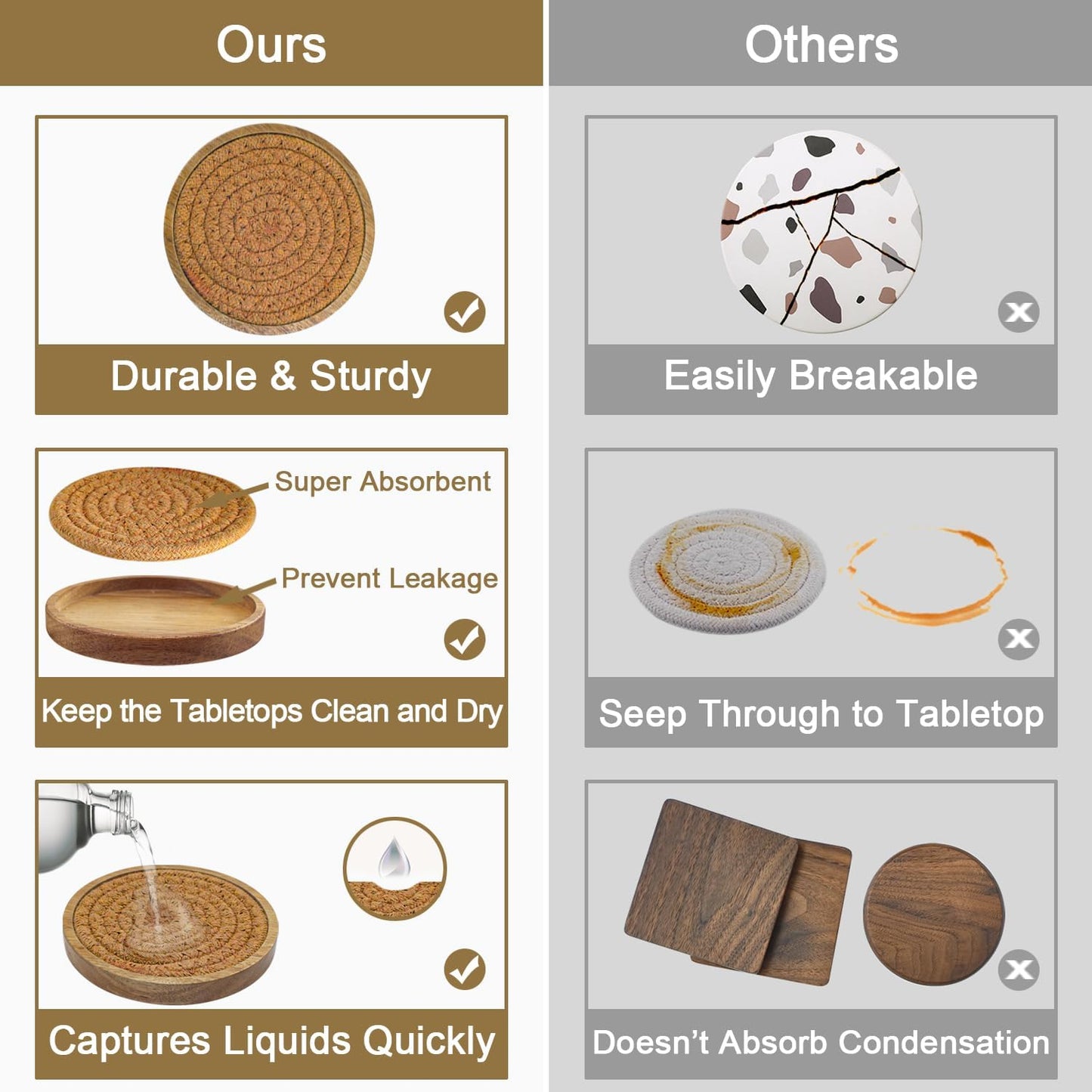 6 Pack Coasters for Drinks Absorbent, 4.3 inches Cork Coasters for Coffee Tables, Wooden Drink Coasters for Table Protection, Cute Coasters for Kitchen, Farmhouse, Bar, and Office (Dark Brown)