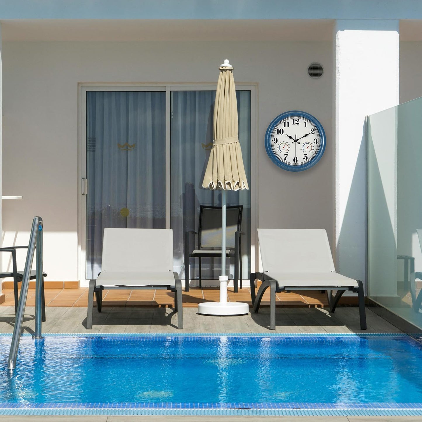 JENLYSTIME 13 Inch Outdoor Clock, Waterproof and Silent, with Thermometer and Hygrometer, Large Numbers for Easy Reading, Perfect for Home,Office,Bedroom,Kitchen,Porch,Garden,Pool(Blue)