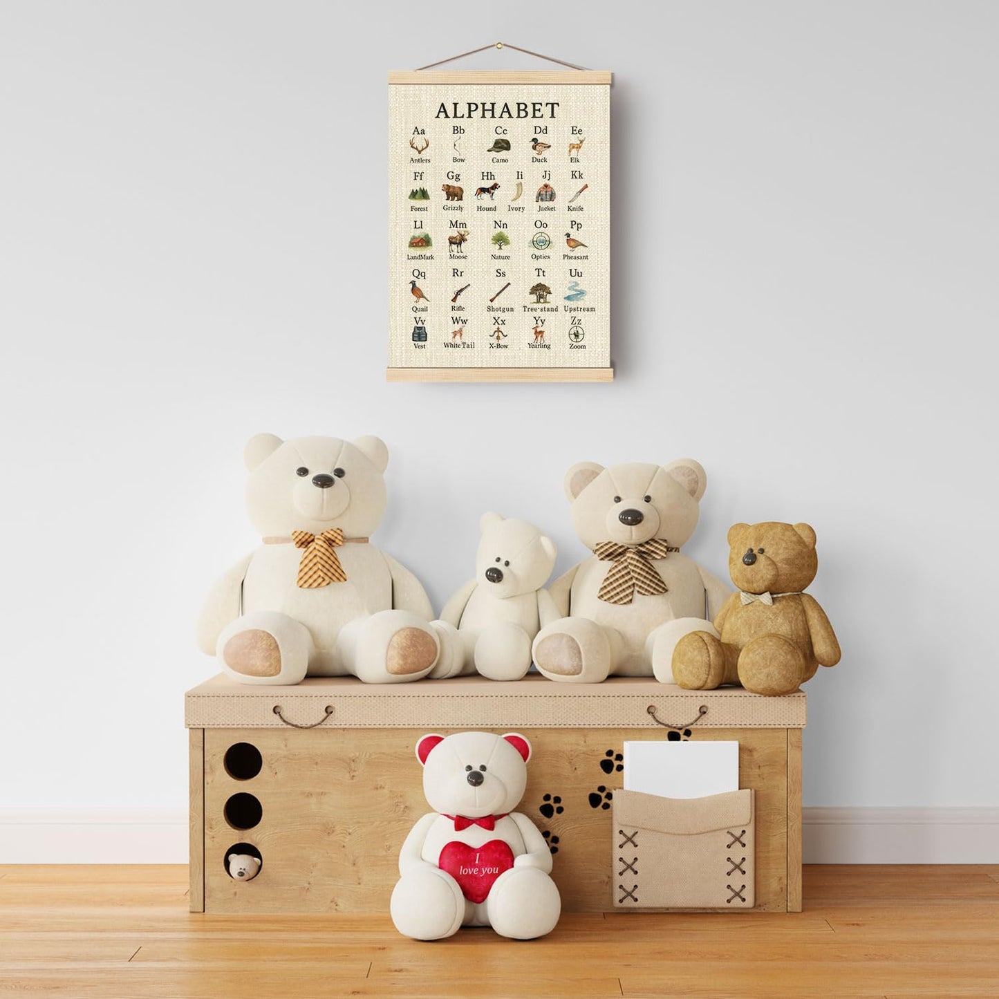 Boat Wades Hunting Alphabet Nursery Wall Art Poster Hanger Frame, Forest Nursery Decor, Educational Alphabet Hunting Hanging Wall Decor for Toddler Boys Bedroom Playroom Classroom, 12x16 Inch