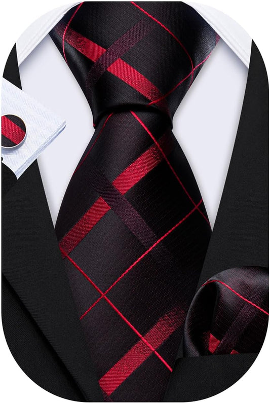 Barry.Wang Designer Classic Ties for Men Set Formal Pocket Square Cufflink Check Plaid