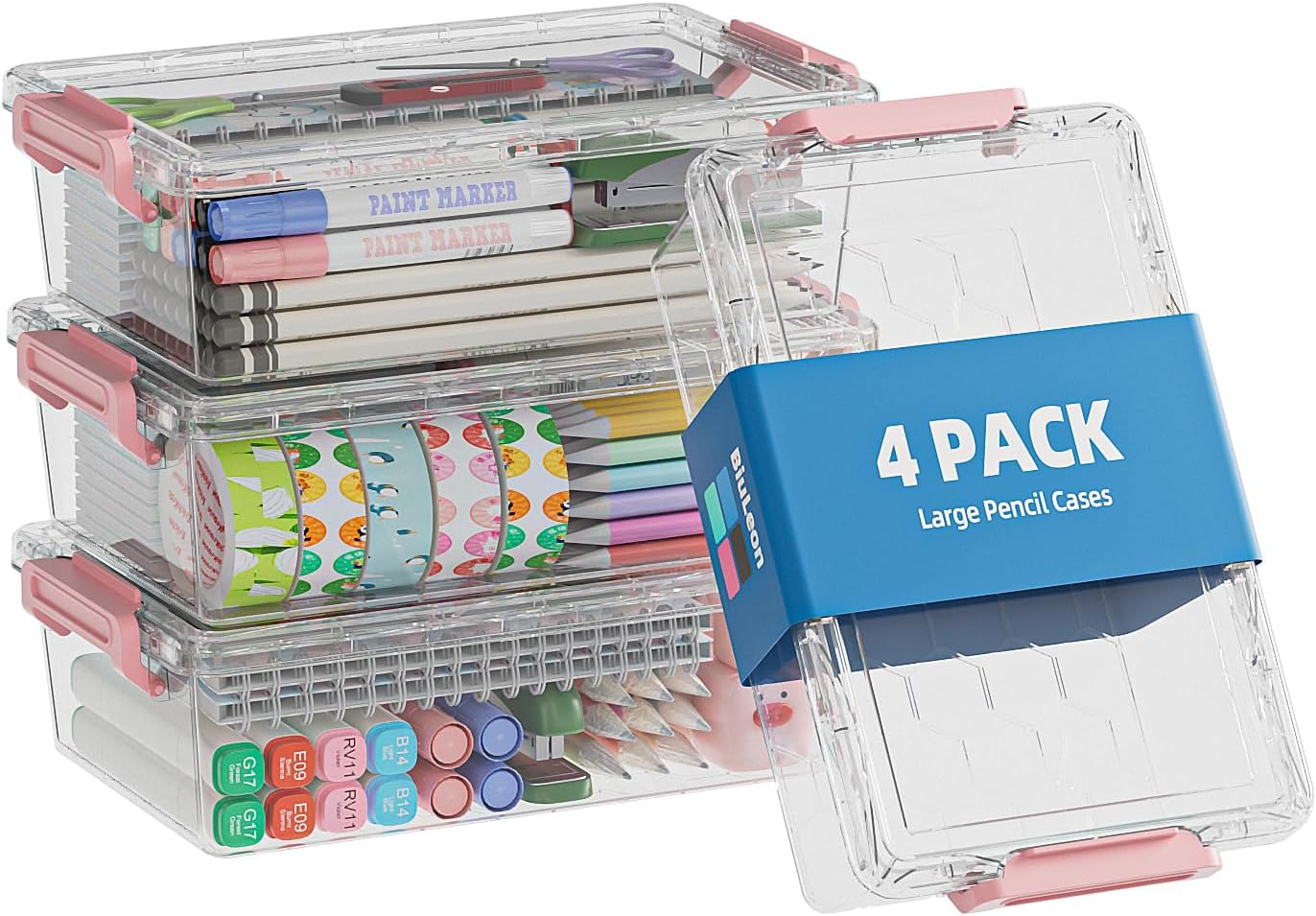 4 Pack Extra Large Pencil Box, Plastic Pencil Case Organizer, Clear Crayon Box Marker Organizer, Stackable Craft Organizers and Storage for Pen, Craft, Art Supply(Pink)