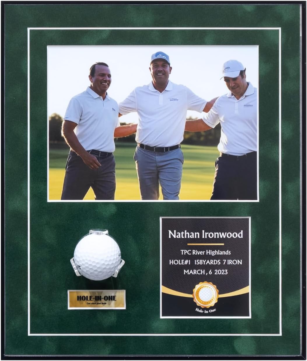 One-Shot Victory Golf Ball Display Frame – Acrylic Case with External Ball Mount, Custom Photo & Nameplate, Green Suede Mat, Elegant Golf Keepsake Gift（vertical design）