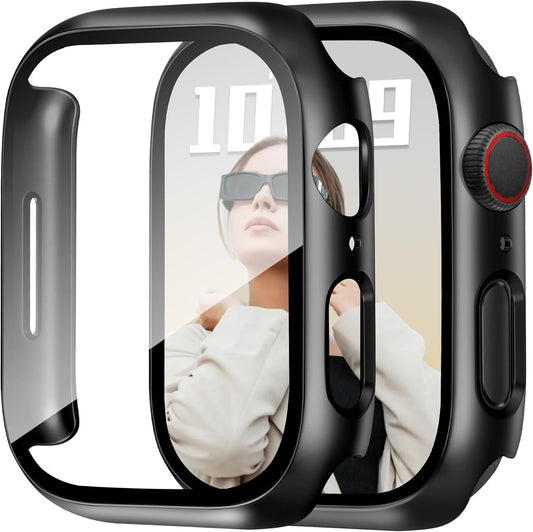 JR.DM 45mm 2 Pack Hard PC Case with HD Tempered Glass Screen Protector for Apple Watch Series 9/8/7, Slim Guard Bumper Full Coverage Protective Anti-Scratch Face Cover for iWatch, Black+ Black
