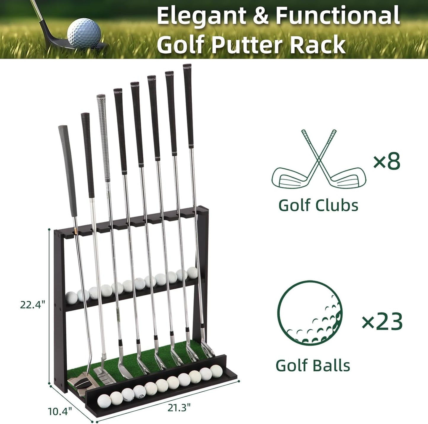 Wooden Golf Putter Stand with Ball Storage - Holds 8 Clubs & 22 Golf Balls, Space-Saving Golf Club Holder for Indoor/Home/Office/Simulator/Driving Range - Golf Accessories & Training Aid