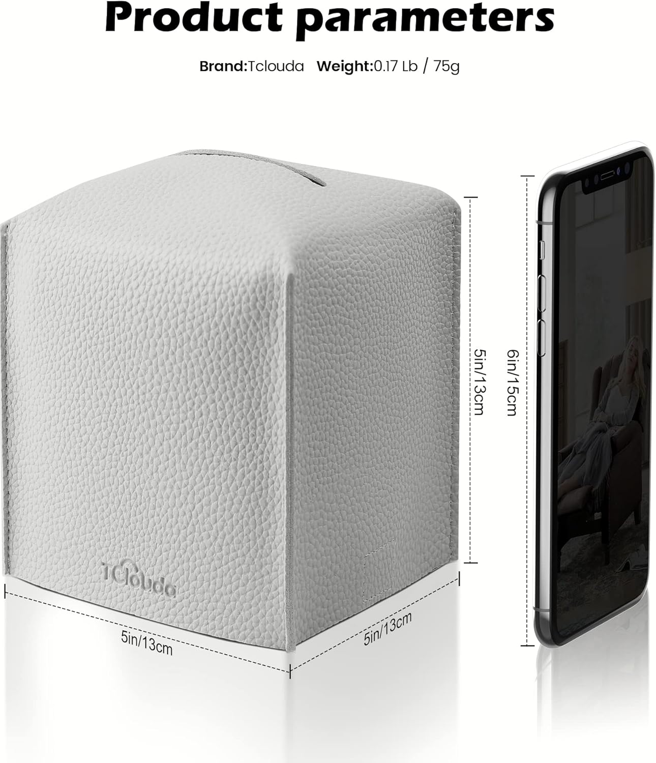 Tissue Box Cover for PU Leather, Modern Simple Solid Color Holder Square Tissue Bag, Ideal for Bathrooms,Office,Car,Outdoor Tent,Dining Table,5"X5"X5", Double Light Grey