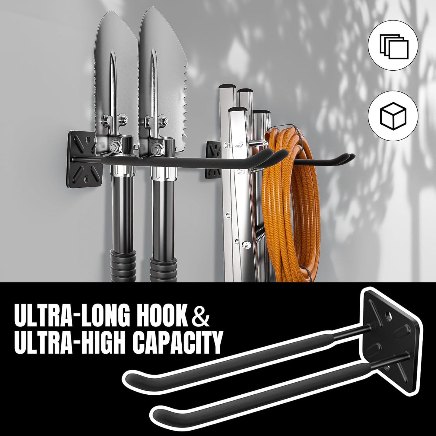 Heavy Duty Garage Hooks and Tool Organizer, Wall Mount Utility Storage Hangers for Car Tires, Ladders, Chairs, Garden Tools, Power Tools and More（4PC-12.4 Inches）