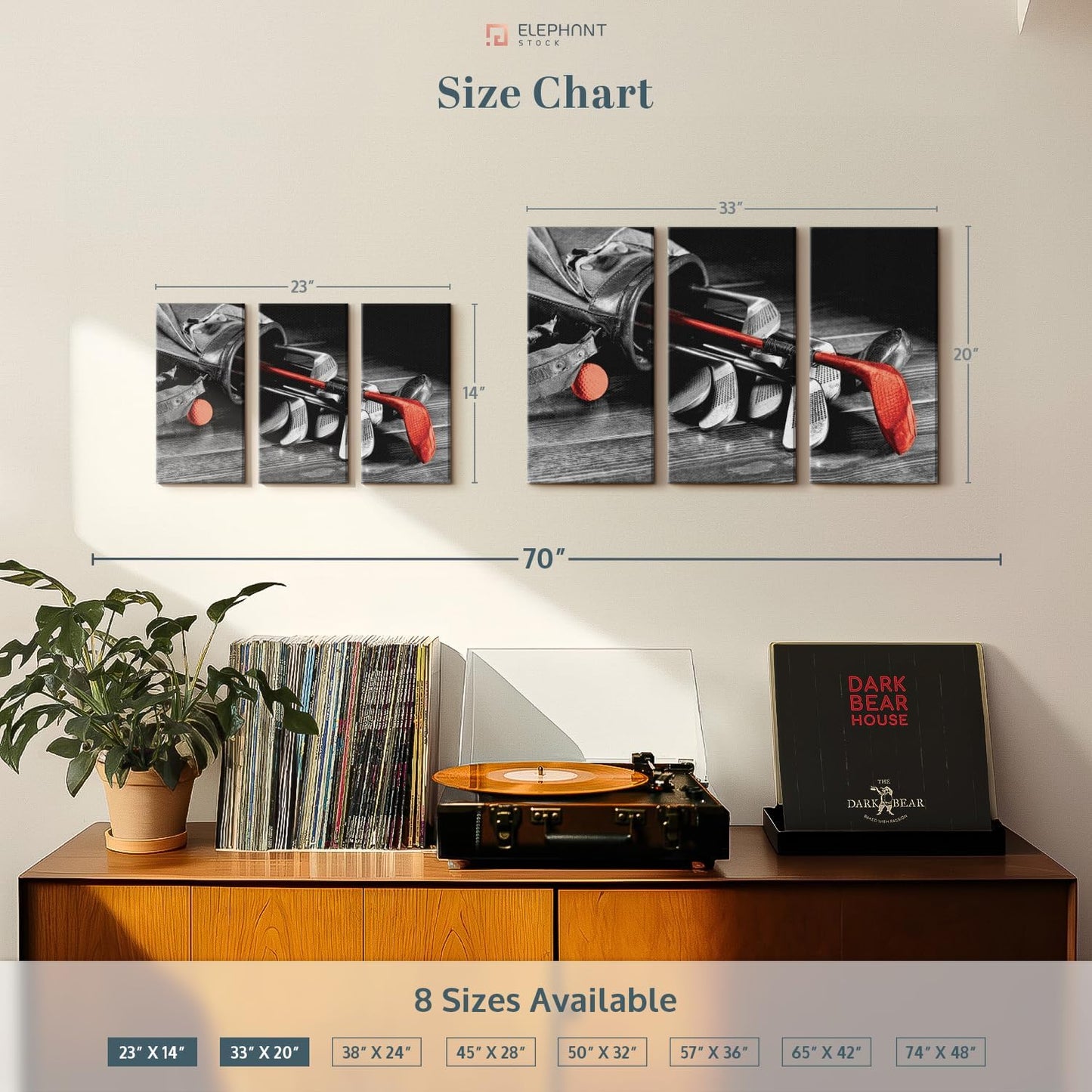 ElephantStock Golf Equipment Pop Wall Art - Horizontal Canvas - 3-Piece Living Room Wall Decor - Photography Sports Canvas Print - Black and Gray Decor for Wall - 23" X 14"