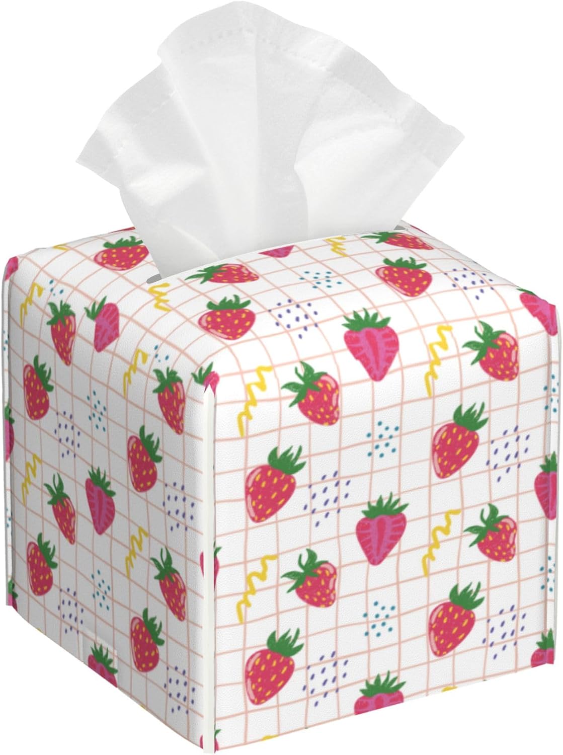 Cute Pink Strawberries Tissue Box Cover Square,Cartoon Strawberry Fruits Tissue Box Holder Waterproof Leather Facial Paper Organizer Dispenser for Bathroom Home Car Nightstand Vanity Desk