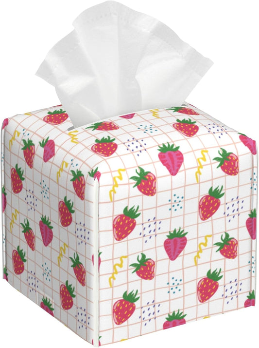 Cute Pink Strawberries Tissue Box Cover Square,Cartoon Strawberry Fruits Tissue Box Holder Waterproof Leather Facial Paper Organizer Dispenser for Bathroom Home Car Nightstand Vanity Desk