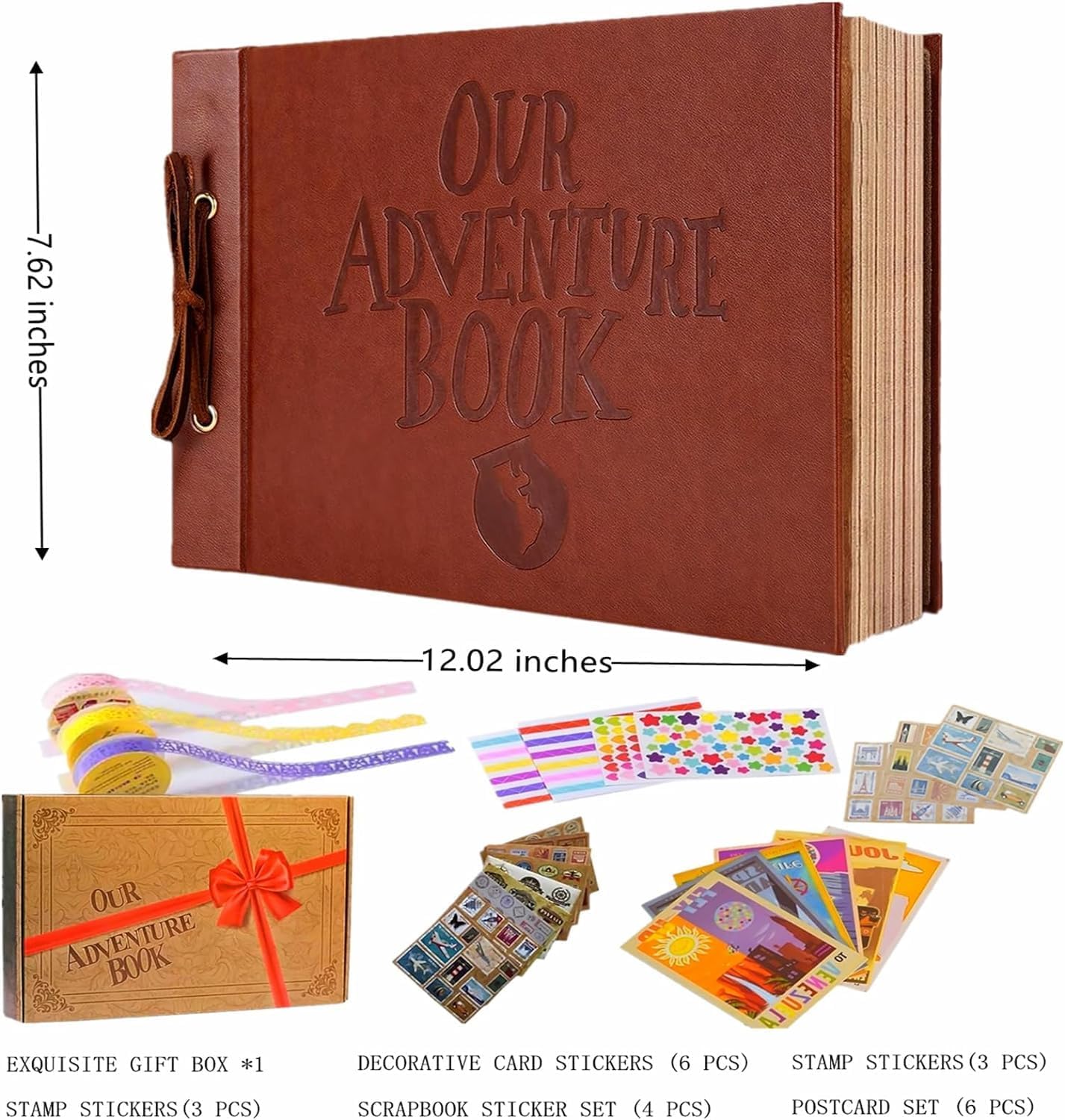 Adventure Book Handcrafted 11.92 x 7.62" Leather-Bound Scrapbook with 80 Pages, Embossed Lettering, Inspired by 'Up', Ideal for Photos, Weddings&Travel Memories Gift Box Included