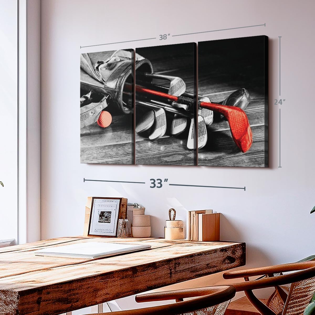 ElephantStock Golf Equipment Pop Wall Art - Horizontal Canvas - 3-Piece Living Room Wall Decor - Photography Sports Canvas Print - Black and Gray Decor for Wall - 38" X 24"