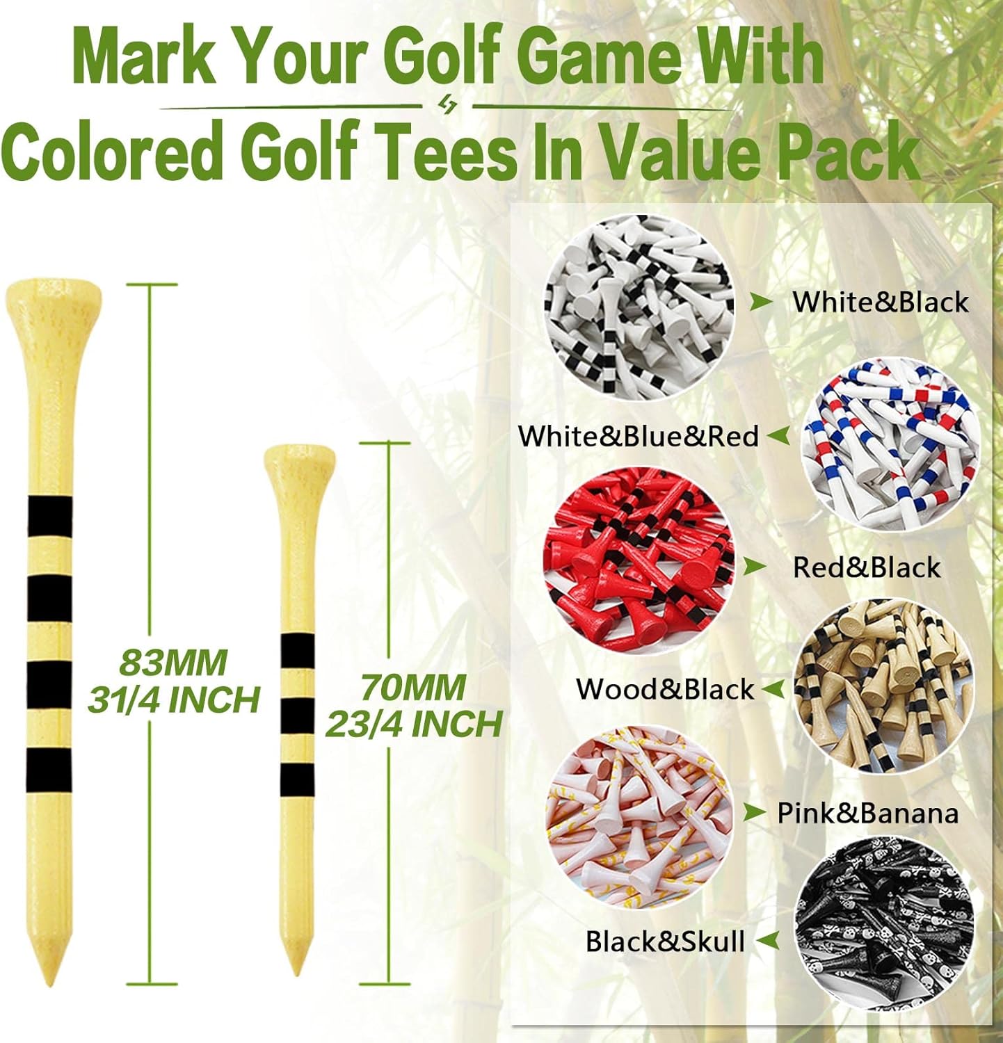 FINGER TEN Golf Tees Wood 3 1/4 2 3/4 Inch Wooden Bamboo 50/120 Count, Durable Biodegradable Colored Bulk Tee 70mm 83mm