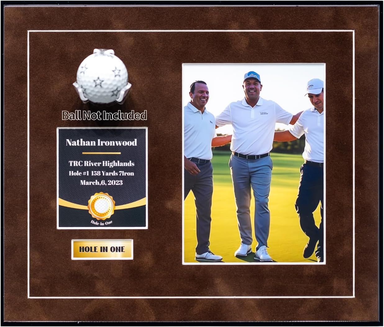 One-Shot Victory Golf Ball Display Frame – Acrylic Case with External Ball Mount, Custom Photo & Nameplate, Brown Suede Mat, Elegant Golf Keepsake Gift