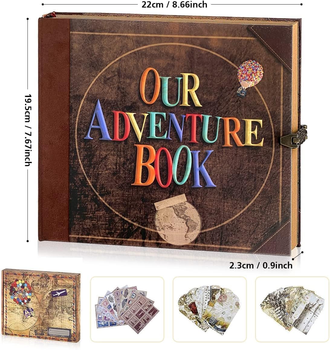 Adventure Book 148-Page DIY Handmade Scrapbook with Retro-Style Embossed Letter Cover - Perfect Travel Diary & Memory Album for Couples,Inspired by the 'Up' Saga,Ideal for Anniversaries & Weddings