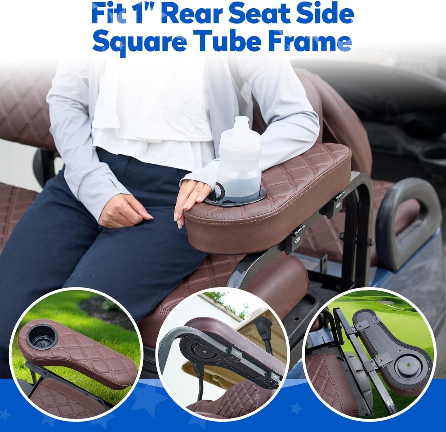 NOKINS Golf Cart Armrest with Cup Holder for EZGO/Club Car/Yamaha, No Drilling Required, Golf Cart Flip Hinged Armrest for Rear Seat with 1 inch Square Tube Frame (Brown&Brown 8438)