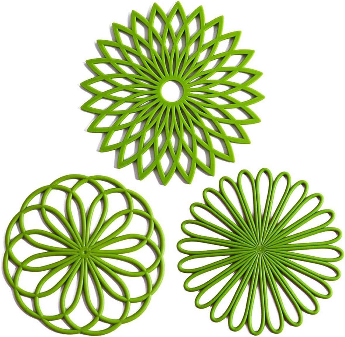 Set of 3 Silicone Trivet Mat - Hot Pot Holder Hot Pads for Table & Countertop - Trivet for Hot Dishes - Non-Slip & Heat Resistant Modern Kitchen Hot Pads for Pots & Pans, Dark Green