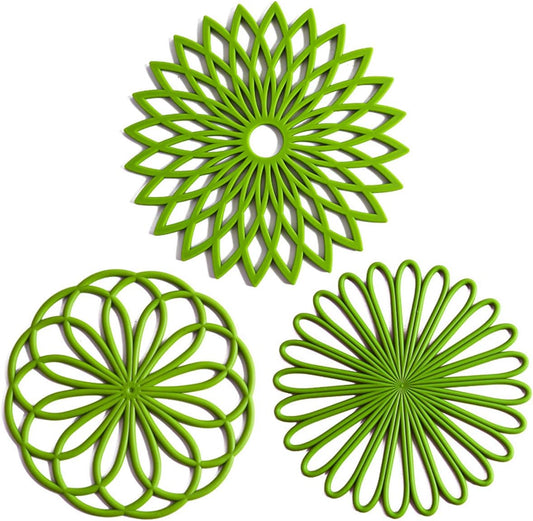 Set of 3 Silicone Trivet Mat - Hot Pot Holder Hot Pads for Table & Countertop - Trivet for Hot Dishes - Non-Slip & Heat Resistant Modern Kitchen Hot Pads for Pots & Pans, Dark Green