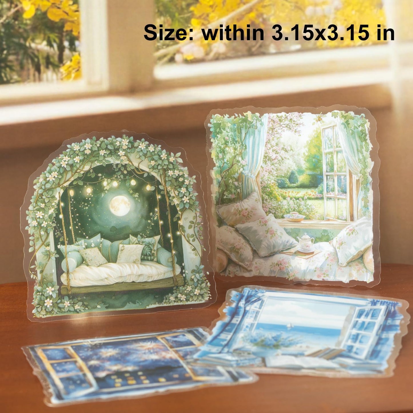 Window Scenery PET Sticker Set, 60Pcs Large Landscape Stickers for Scrapbooking, Journaling, Junk Journal Supplies, and DIY Crafts