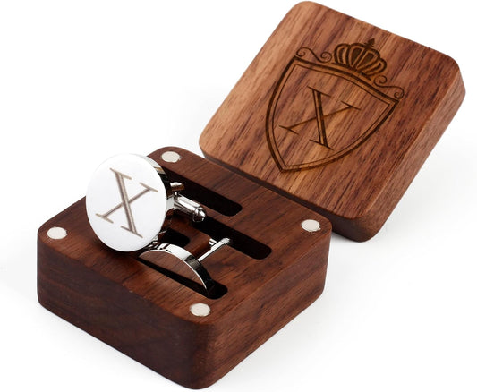 Mens Initial Silver Cufflinks A-Z Alphabet Letter Steel Cuff Links with Engraved Walnut Wood Box Groom Groomsman Wedding Set…