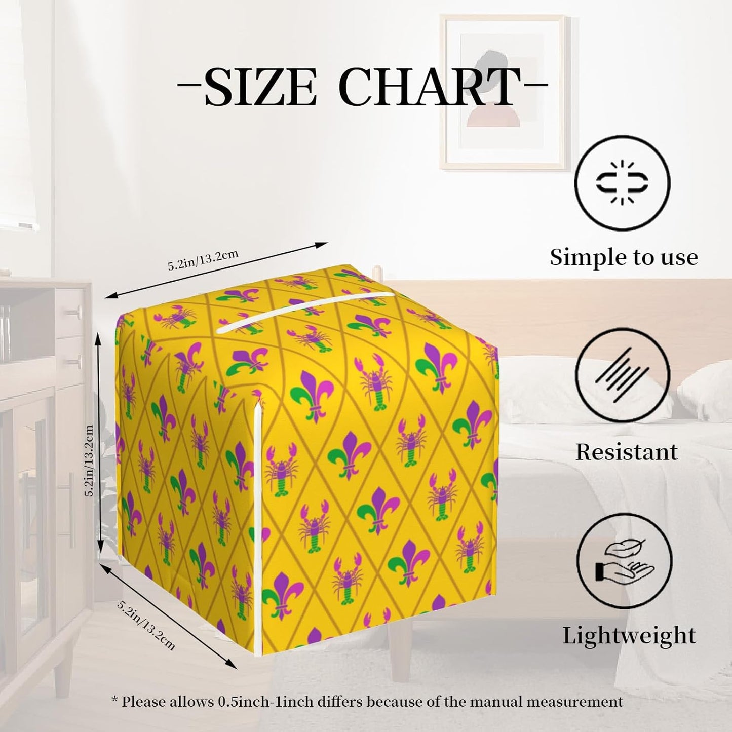 Tissue Box Cover Holder, Mardi Gras Crayfish and Fleur De Lis PU Leather Square Tissue Box Cover Decorative Organizer for Bathroom Kitchen Bedroom Vanity Countertop Night Stands